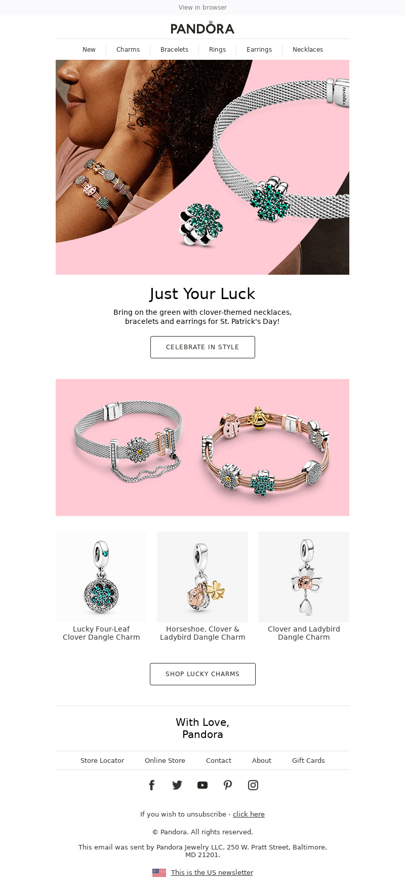 Pandora St. Patrick's Day-themed jewelry collection email promotion.