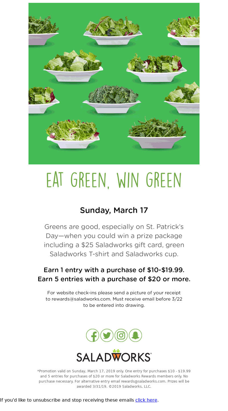 Saladworks St. Patrick's Day contest email promotion.