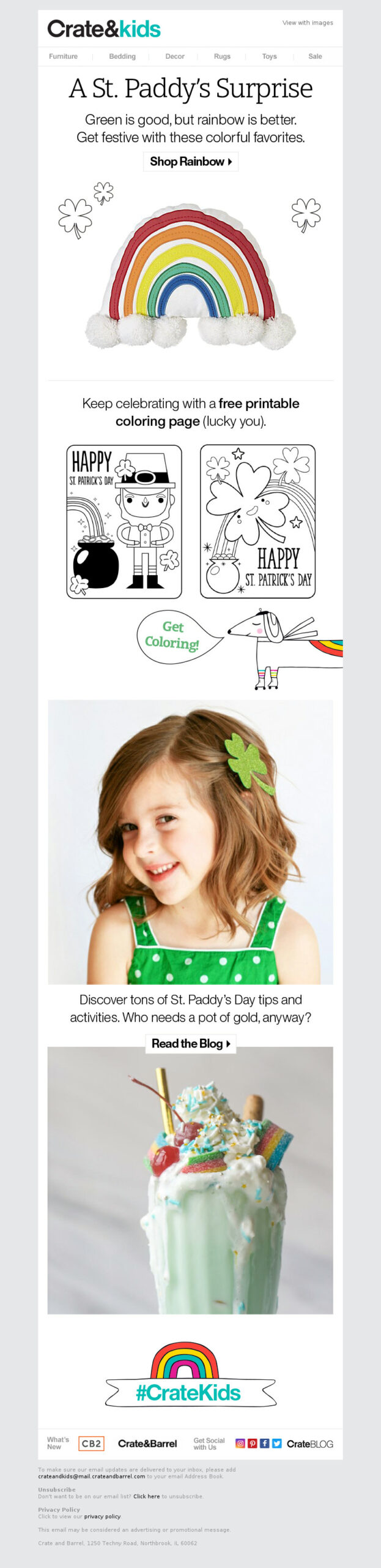 Crate&Kids St. Patrick's Day free printable coloring pages and rainbow-themed items email promotion.