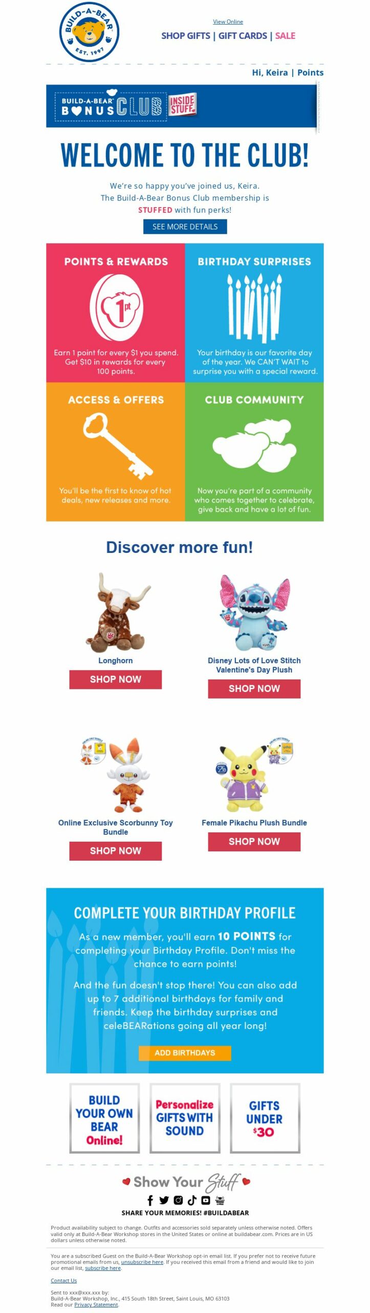Build-A-Bear Workshop, Welcome to the Bonus Club welcome series email.