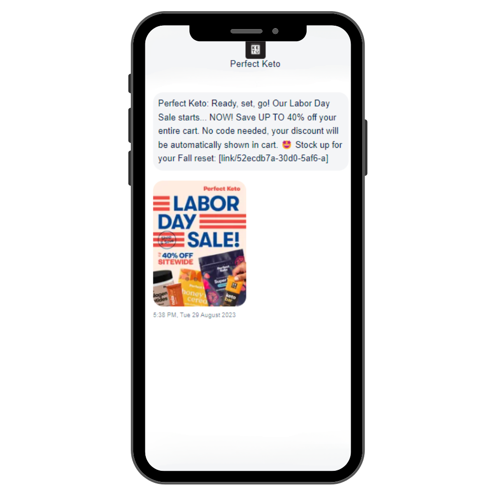 Perfect Keto, Labor Day sale SMS message.
