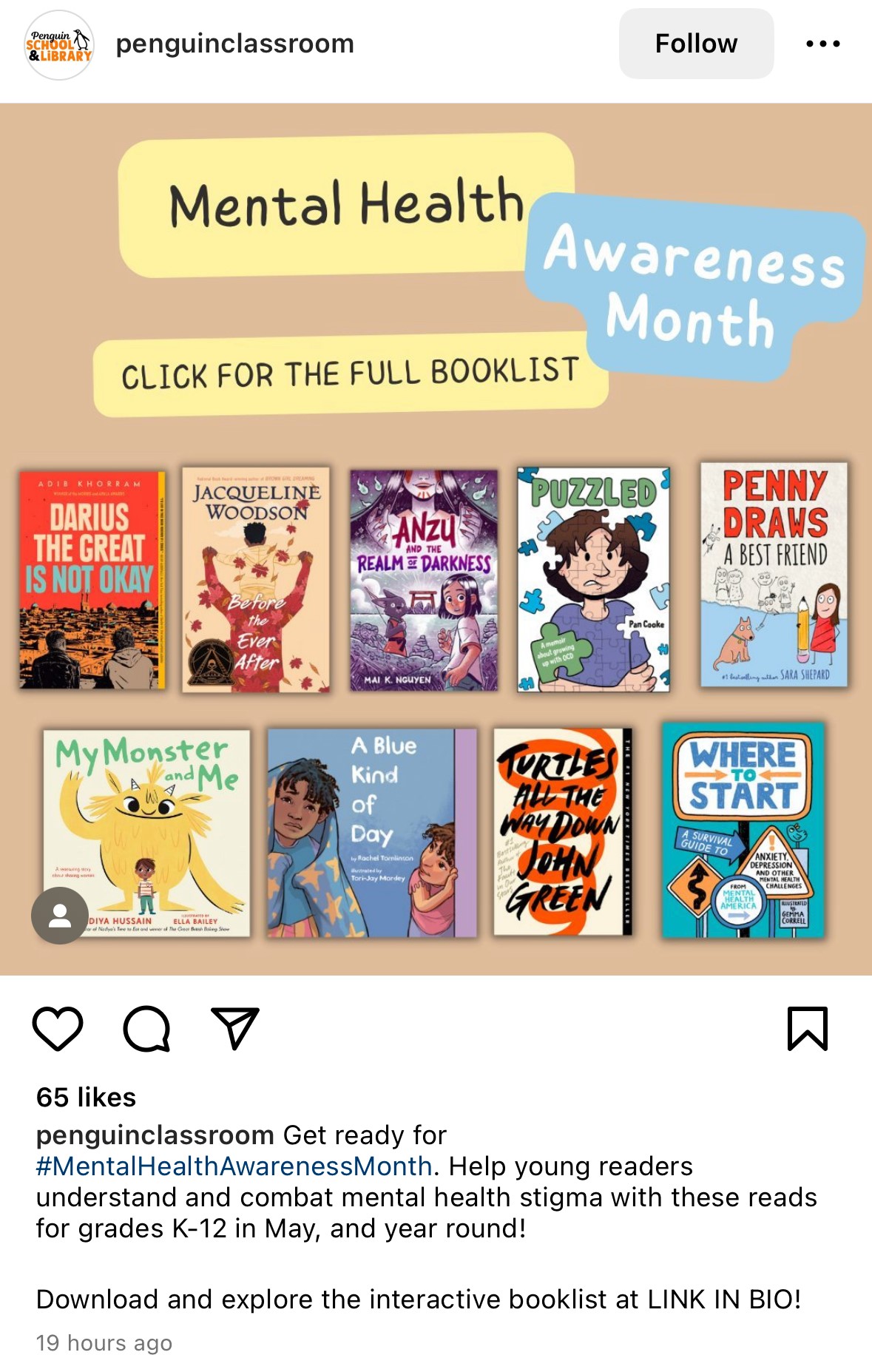 Penguin Classroom shared a social post recommending mental health books for young readers.