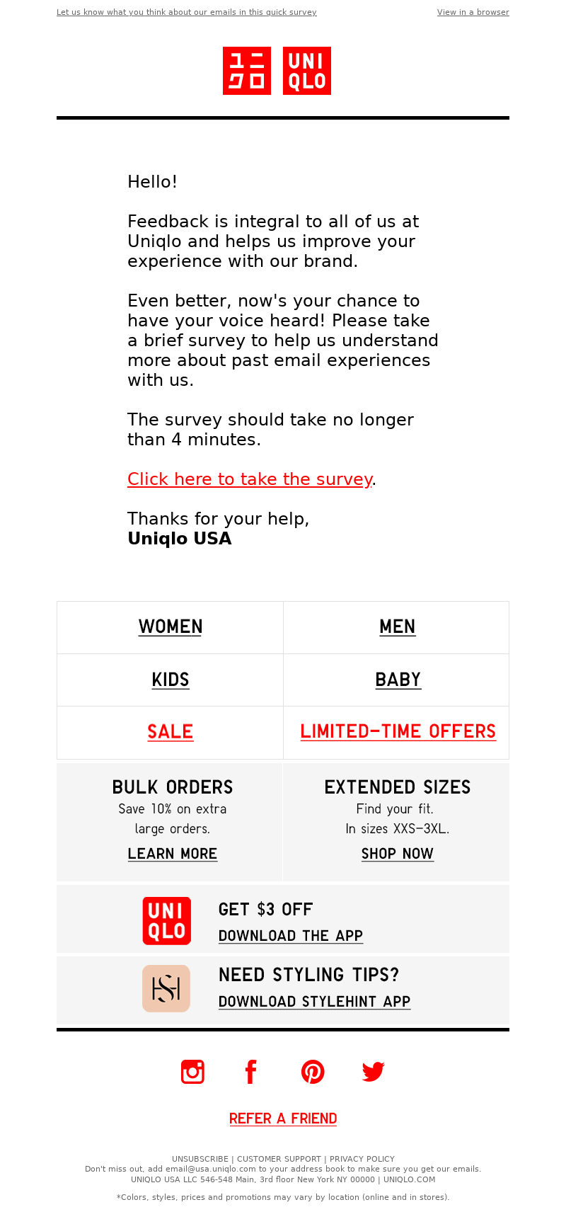 UNIQLO, ‘We want to hear from you’, feedback request email.