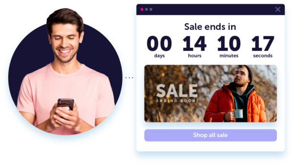 A user interface example featuring a man on a mobile looking a countdown timer set up in the Dotdigital platform