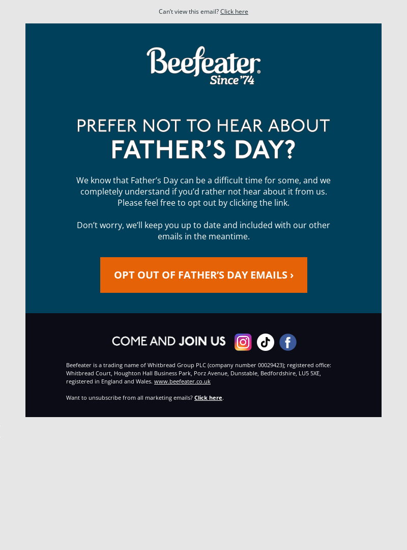 Brewers Fayre provides an opt-out option for its Father's Day promotions.
