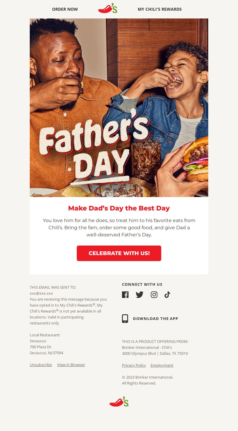 Chili's Grill and Bar Father's Day promotion with an enticing copywriting.