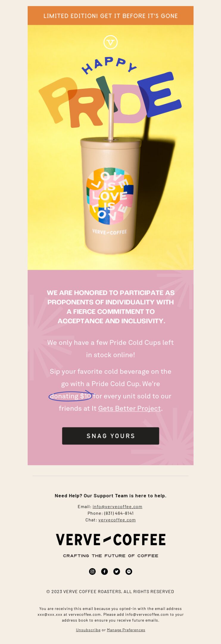 Verve Coffee Roasters, Pride email campaign.