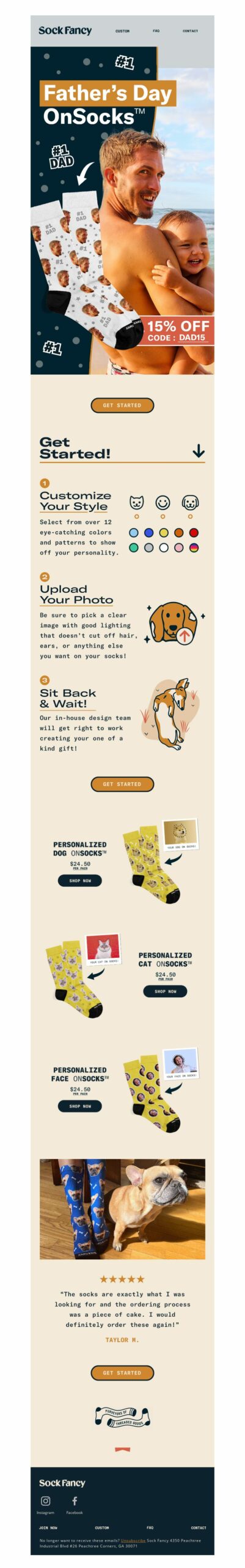 Sock Fancy's promotional email for Father's Day, offering 15% off on its unique sock collection.