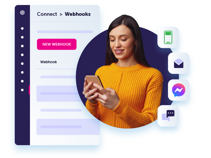 Brunette woman in orange jumper with artist mock-up of Dotdigital's webhooks feature overlayed. 