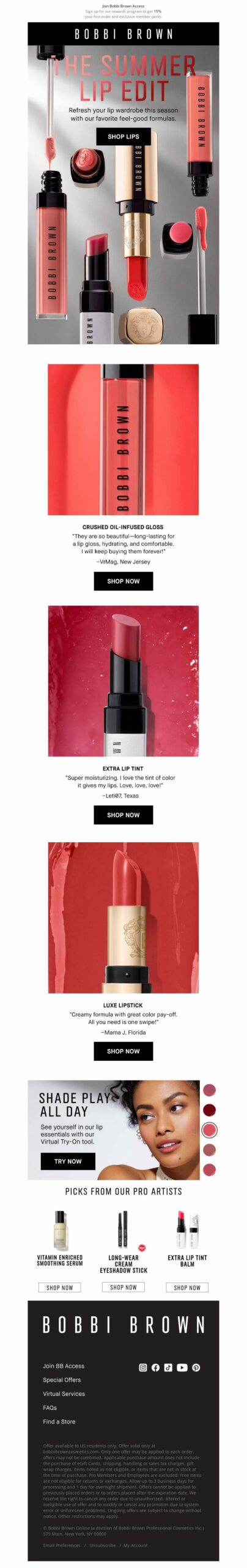 Bobbi Brown Cosmetics, Lipstick Day edit, email marketing campaign. 