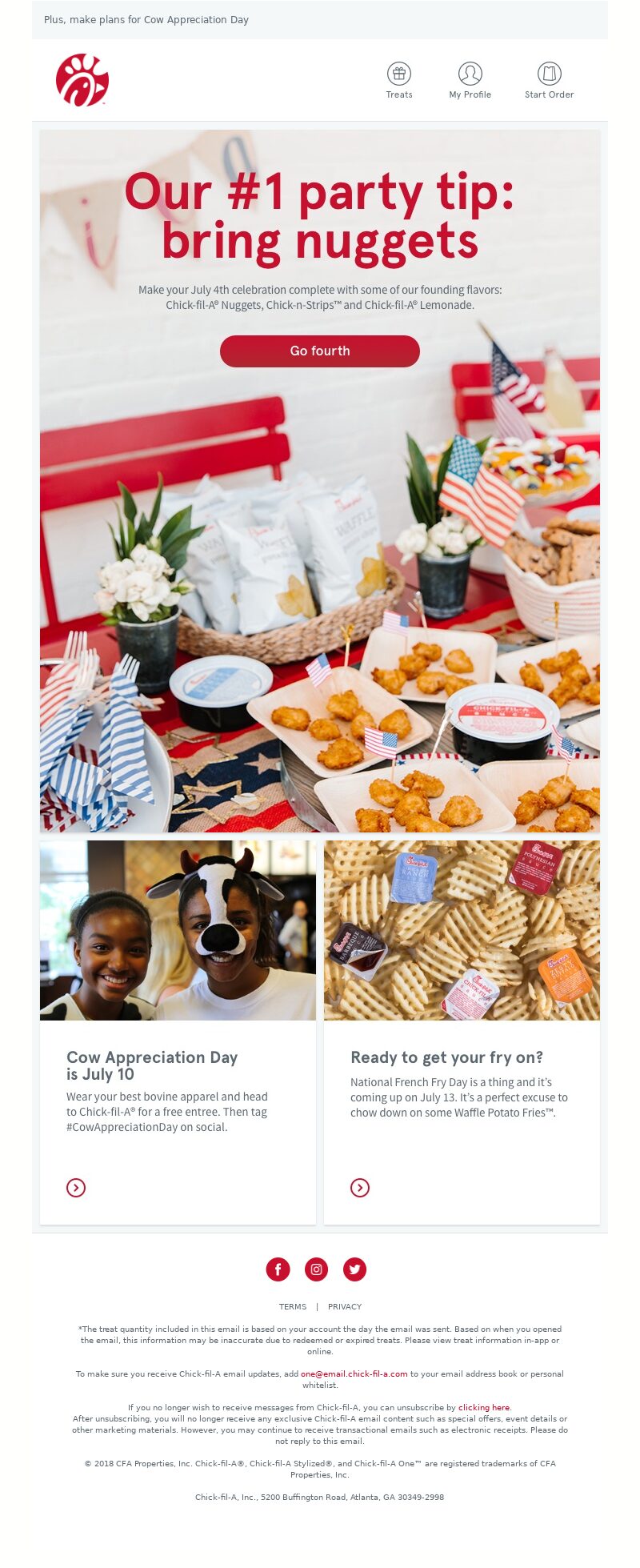 Chick-fil-A, 4th July email marketing campaign. 