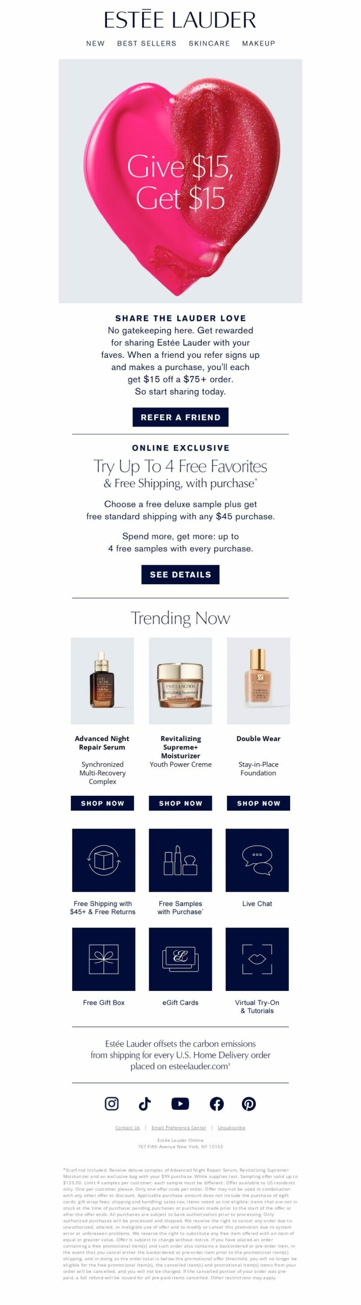 Estée Lauder's refer a friend email campaign offering a discount to both referrer and referred friends