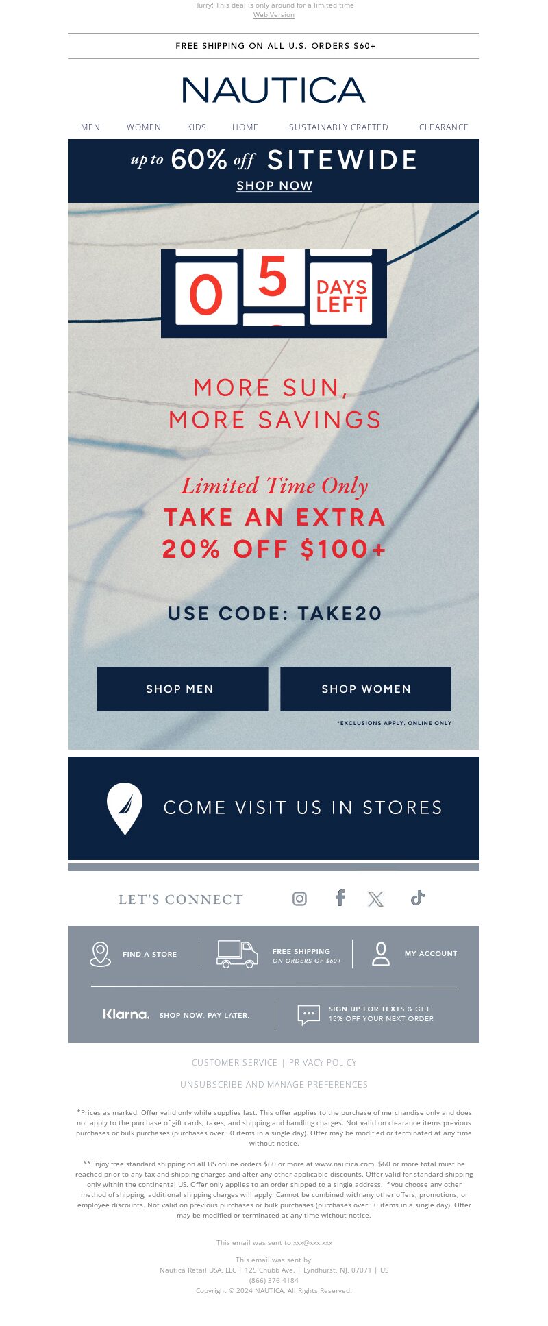 Nautica's countdown email featuring a limited-time offer with an extra 20% off.